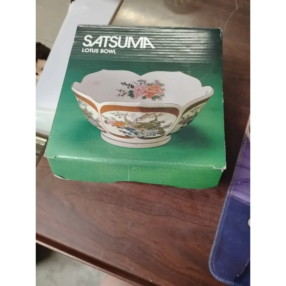 Vintage Satsuma Porcelain Peacock Flowers Lotus Leaf Scalloped Lip Bowl 7